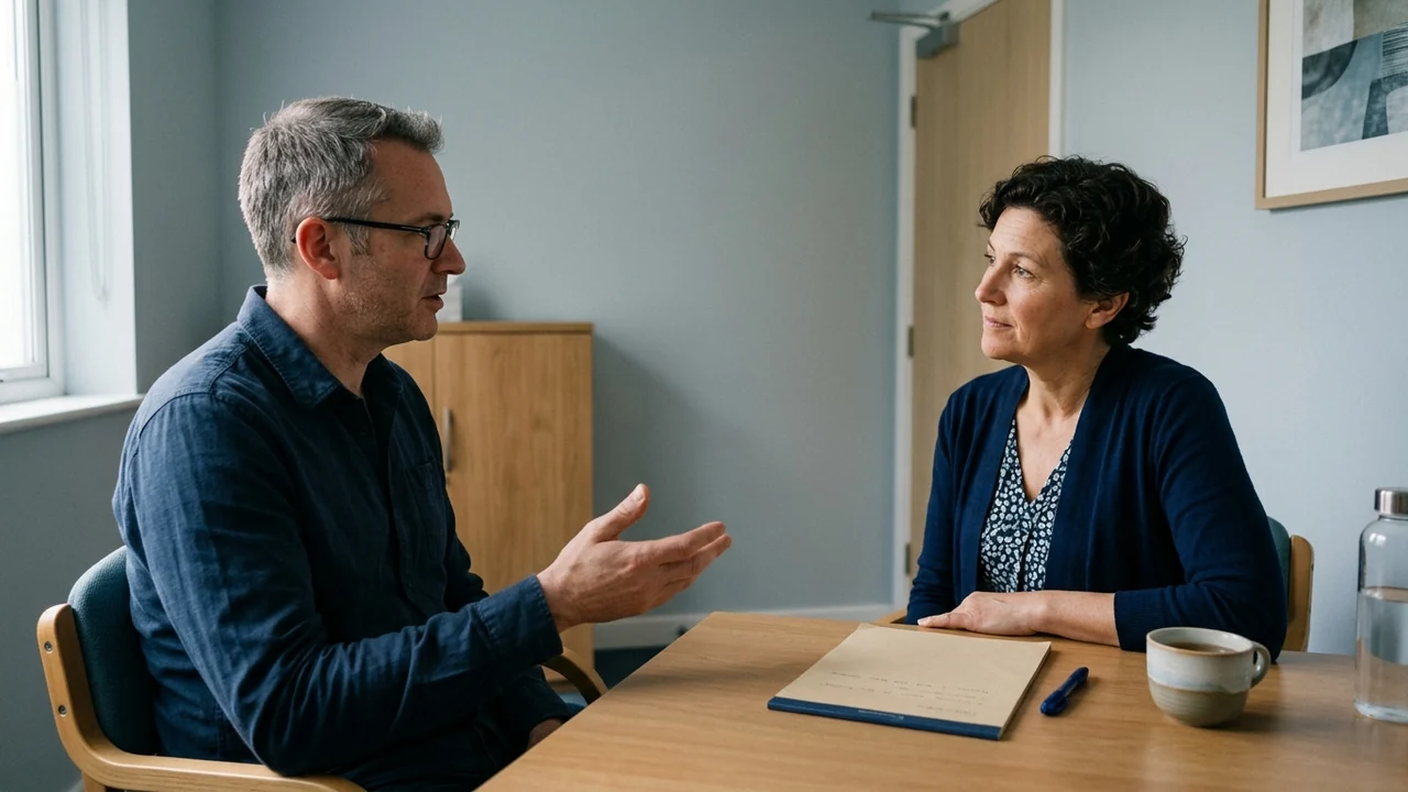 Profesional de salud y paciente conversan sentados en una consulta luminosa, con una libreta sin texto visible sobre la mesa.