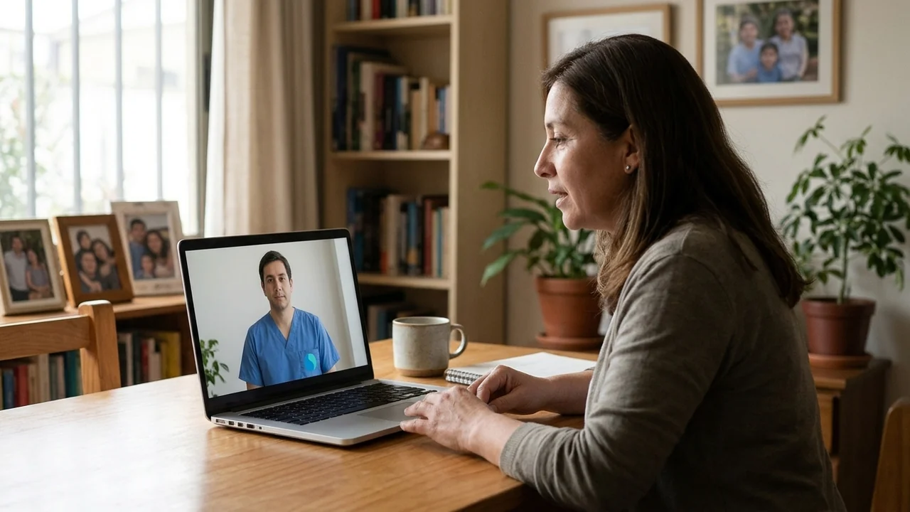 Persona adulta en una mesa de su hogar durante una teleconsulta con una profesional de salud visible en un computador portátil.