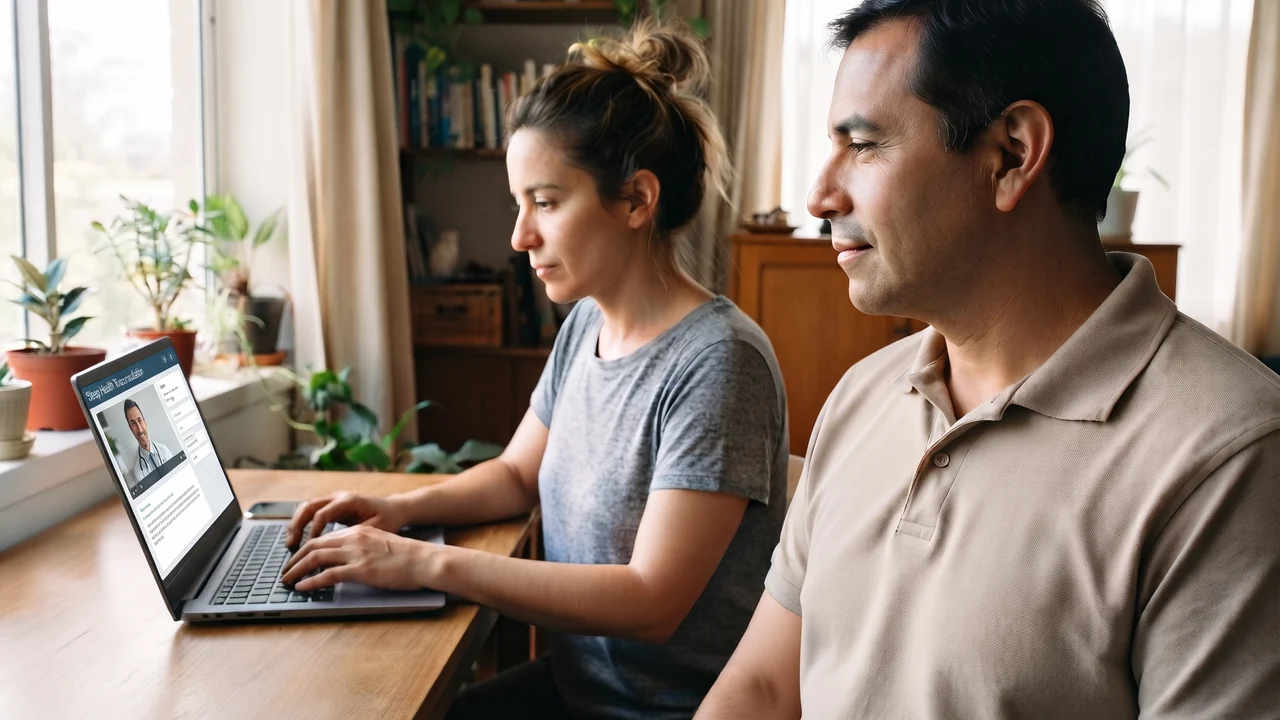 Pareja adulta participa en una teleconsulta desde casa; una persona habla frente a un computador y la otra la acompaña.