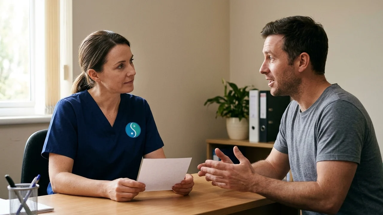 Profesional de salud conversando con una persona adulta en una consulta, con una hoja sin texto legible sobre el escritorio.