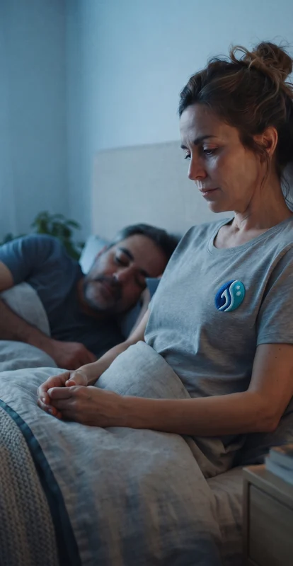 Persona adulta sentada al borde de la cama al amanecer mientras su pareja descansa al fondo.