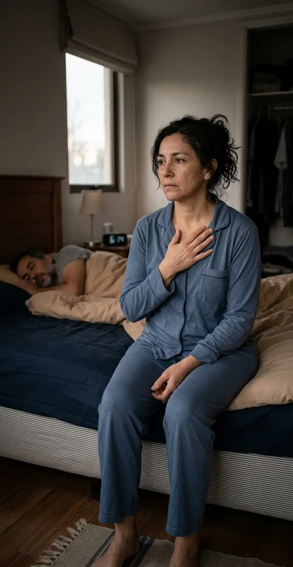 Persona sentada en el borde de una cama al amanecer con una mano cerca del pecho; al fondo, otra persona duerme.