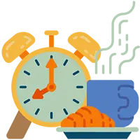 Ilustración de comida, reloj y un cafe